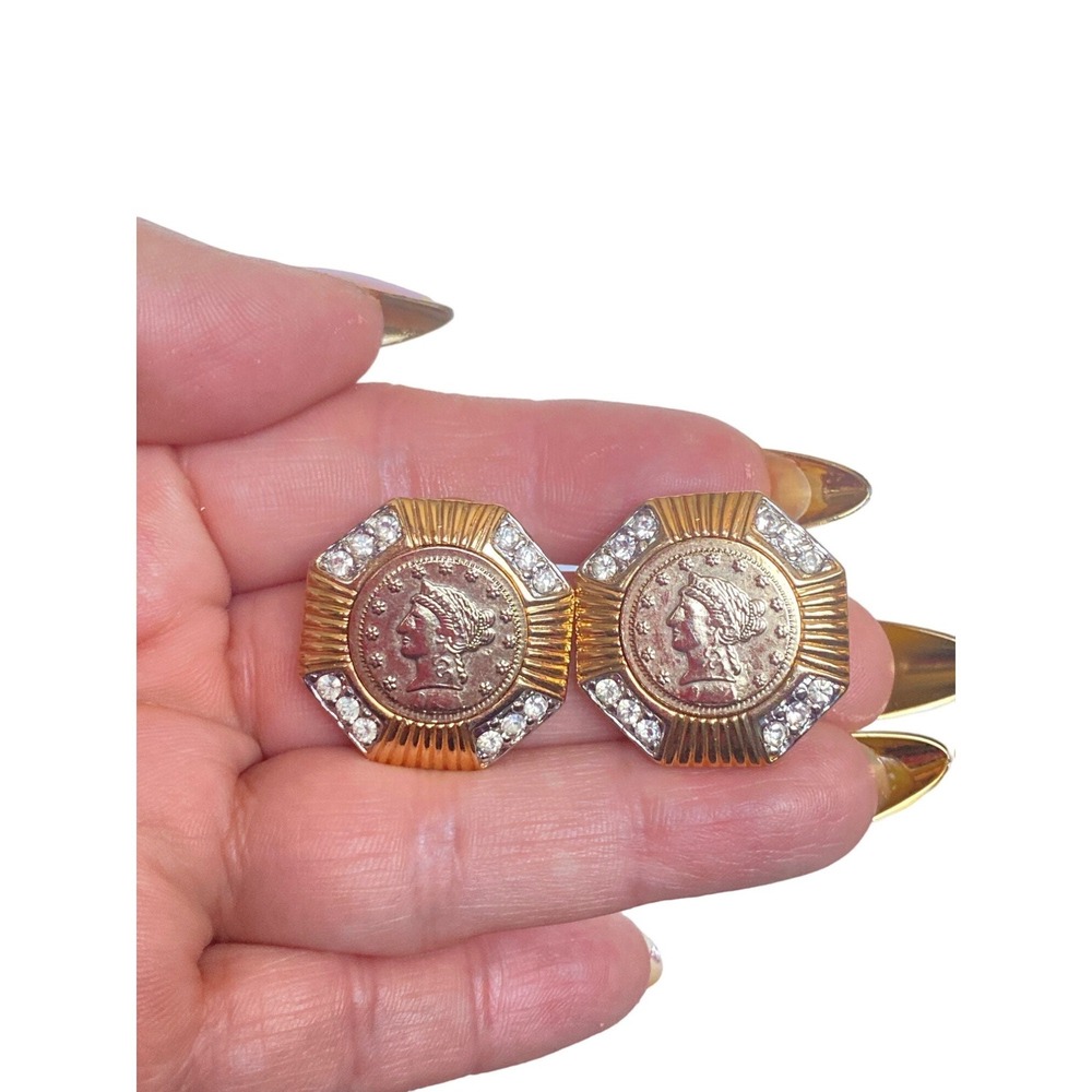Vintage Gold Tone Coin Clip On Earrings Rhinestone Accent Octagon Statement - Picture 2 of 5